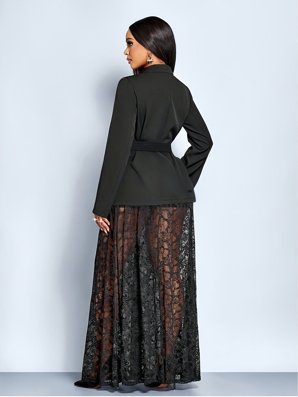 Women's Black Waist-Cinching Suit Long Dress Set Elegant Luxurious 2pcs Outfit for Daily Outing Formal Light Occasions