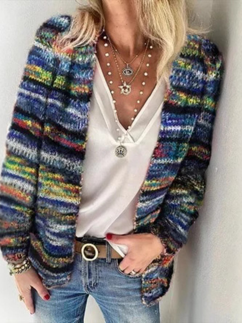 Colorful Y2K Pattern Open-Front Cardigan for Women – Fun Bright Large Print Knit Sweater, Retro Aesthetic Oversized Coat for Casual & Festival Wear