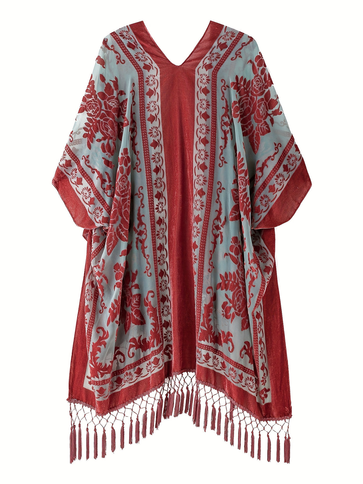 Boho Burnout Velvet Kimono Women Long Cardigan Cover Up Tassel Floral Embroidered One Size