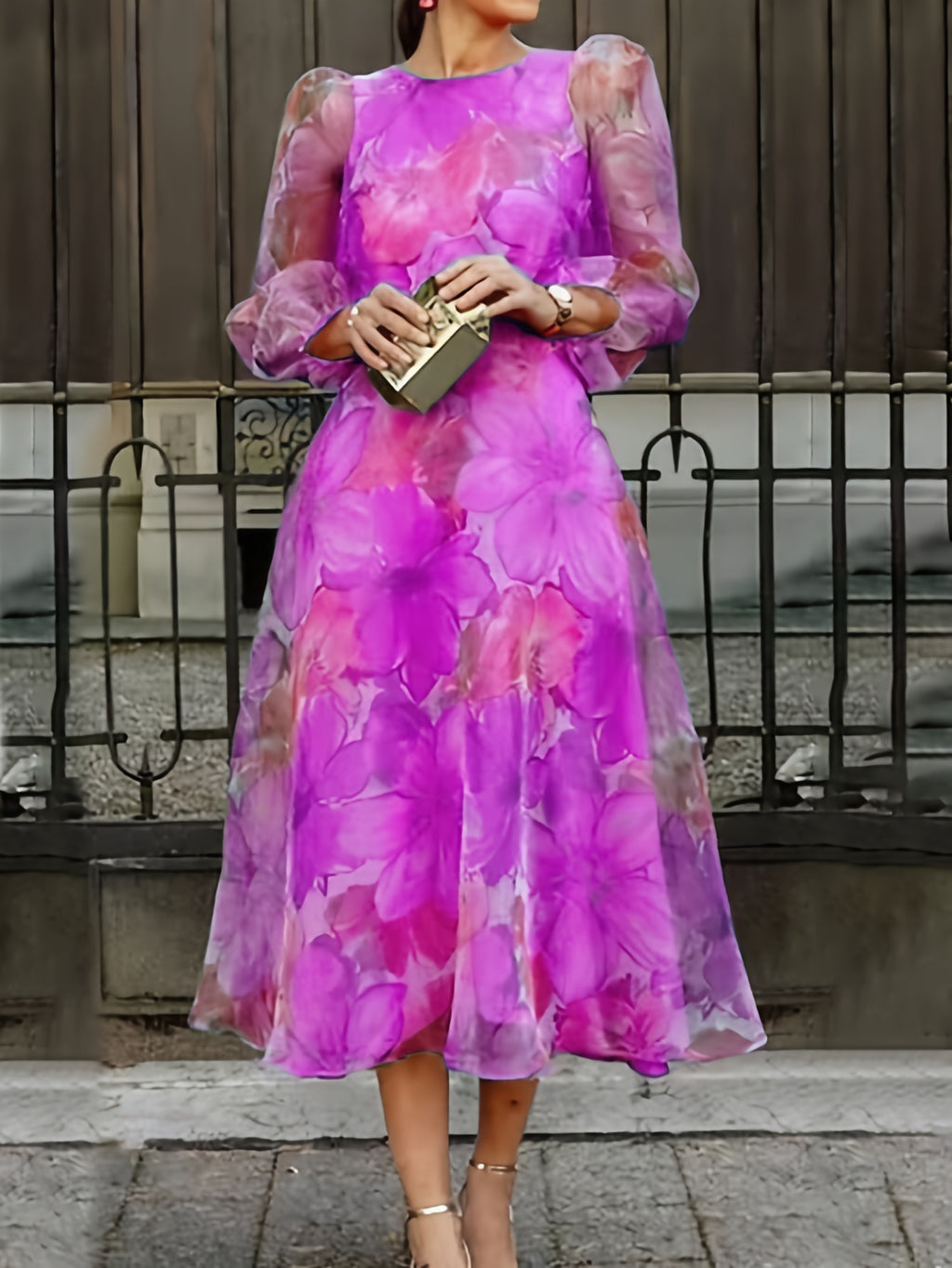 Floral Print Chiffon Maxi Dress Women Ombre Gradient Long Sleeve Back Zipper Flowy Wedding Guest Party Dress