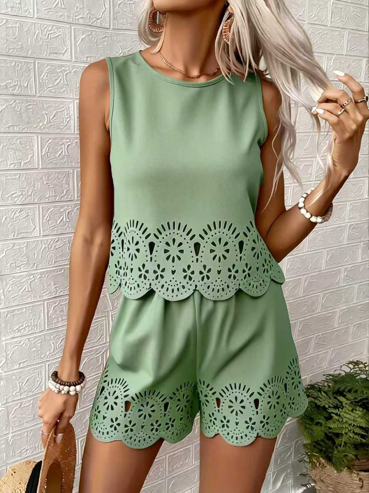 Cutout Short Sleeve Two Piece Set Women Drawstring High Waist Shorts Casual Lounge Vacation Flowy Outfit Pink Green Sky Blue Yellow XS-XXL