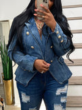 Denim Blazer Women Business Casual Lapel Double Breasted Long Sleeve Jean Jacket Structured Coat for Work Office Everyday Wear