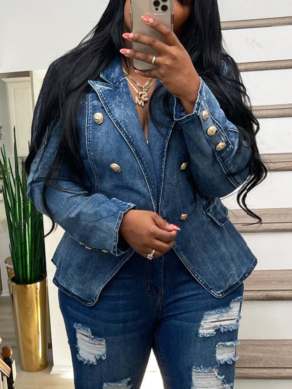 Denim Blazer Women Business Casual Lapel Double Breasted Long Sleeve Jean Jacket Structured Coat for Work Office Everyday Wear