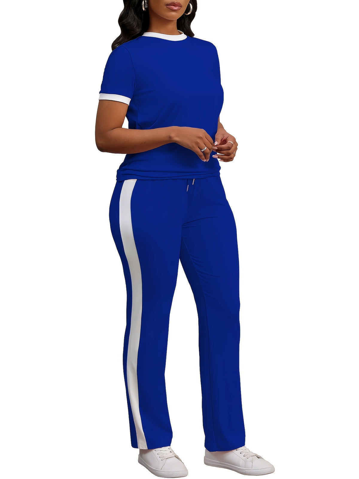 Women Colorblock 2 Piece Tracksuit Set Short Sleeve Crew Neck Top Striped Sweatpants Casual Lounge Jogger Matching Outfit for Workout Everyday Wear