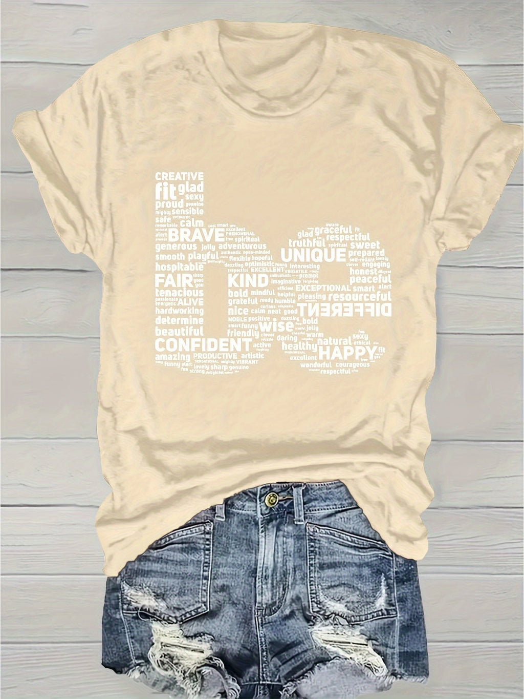 Inspirational Word Cloud Print T-Shirt Women Round Neck Short Sleeve Light Grey Positive Affirmation Casual Tee Spring Summer S-XXL