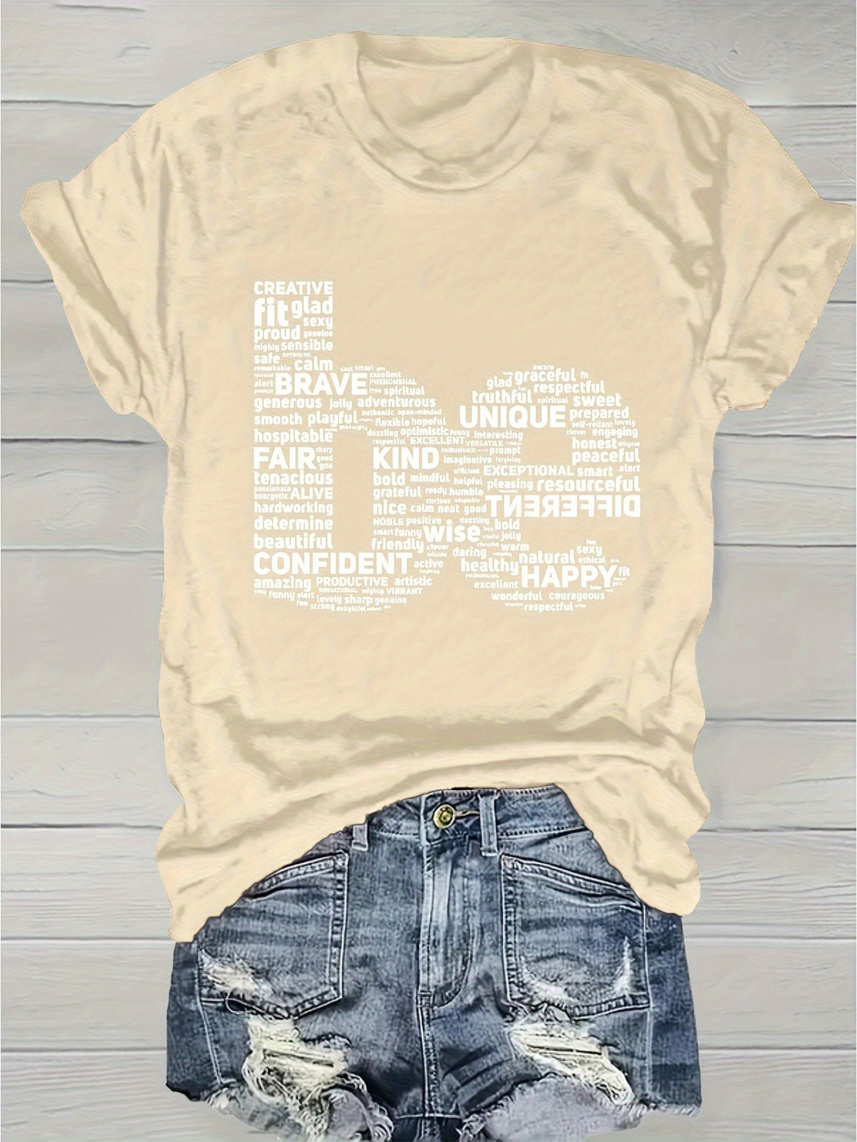 Inspirational Word Cloud Print T-Shirt Women Round Neck Short Sleeve Light Grey Positive Affirmation Casual Tee Spring Summer S-XXL