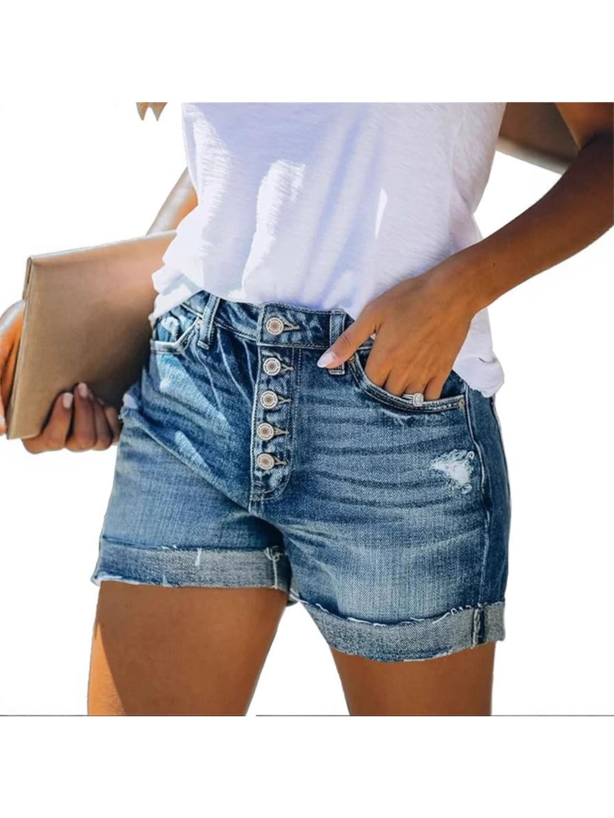 High Waist Stretch Ripped Denim Shorts Women Distressed Raw Hem Y2K Style Slim Fit Light Blue Summer S-XXL