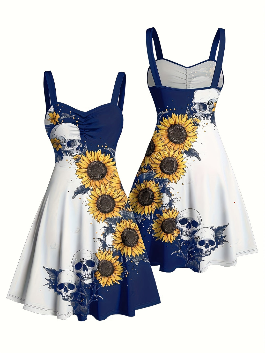 Gothic Sunflower Skull A-Line Mini Dress Women Sweetheart Spaghetti Strap Colorblock Ruched Belt Retro Halloween Dress S-XXL