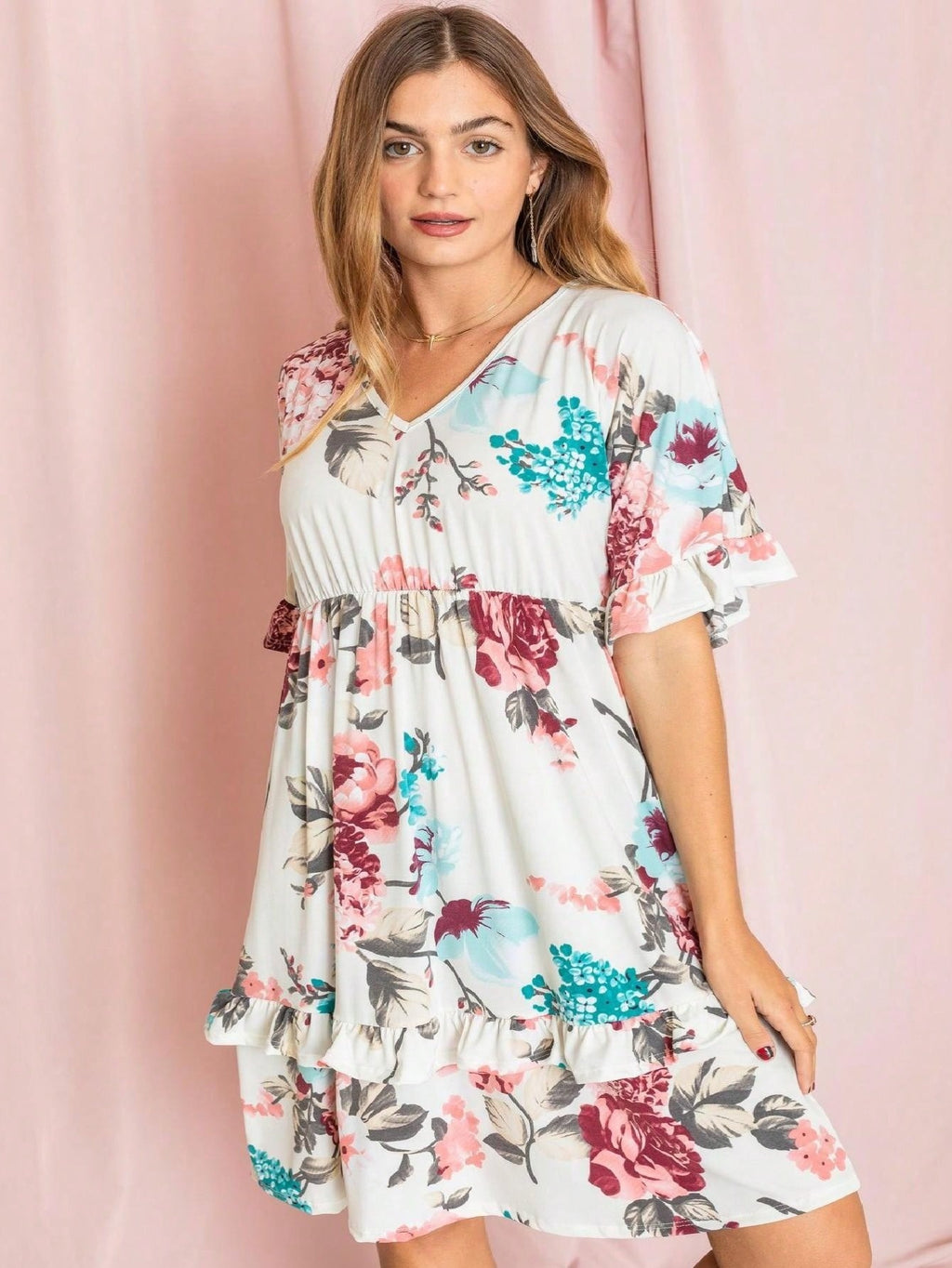 Floral Ruffle Midi Dress for Women – Vintage Boho V-Neck Flutter Sleeve Elastic Waist, Navy Pink Yellow Charcoal, S-3X