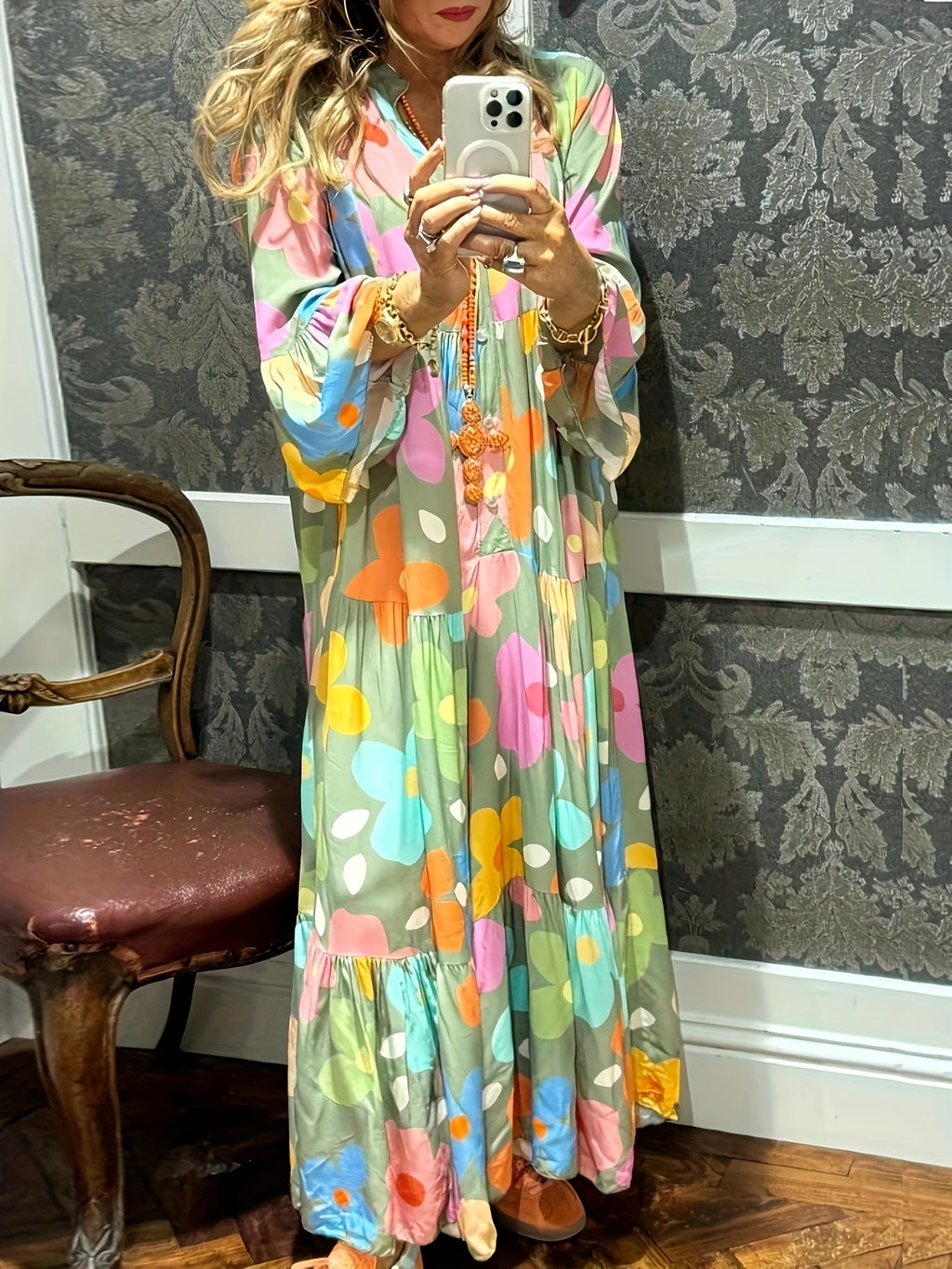 Floral Print Boho Maxi Dress Women V-Neck Layered Tiered Hem 3/4 Ruffle Sleeves Loose Fit Button Closure A-Line Long Dress Spring Summer S-XXL