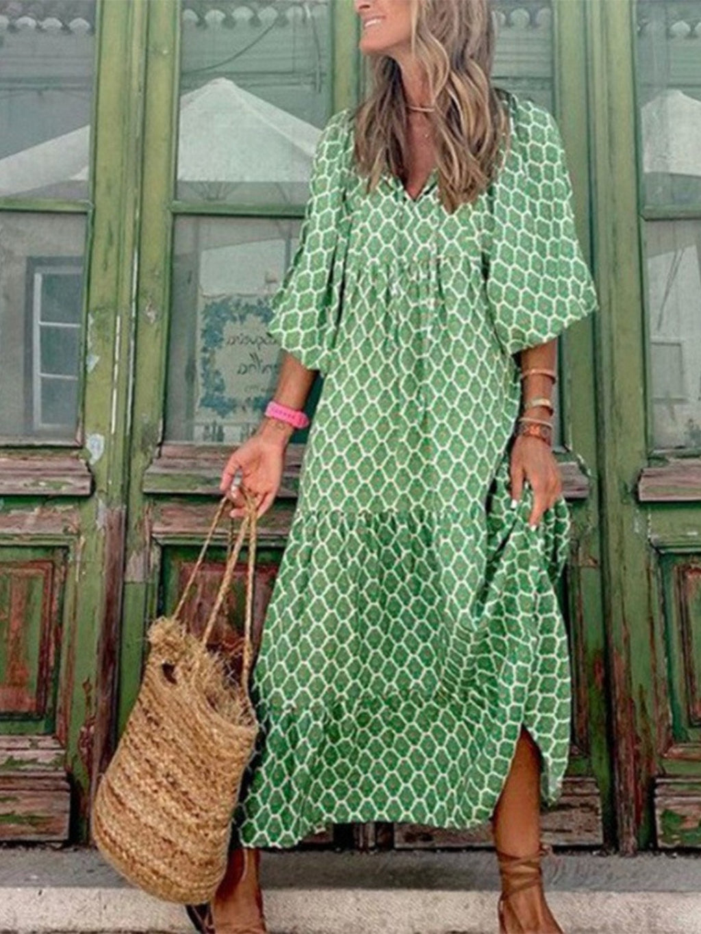 Boho Floral Puff Sleeve Maxi Dress Women V-Neck Lantern Sleeve Loose Long Dress Geometric Floral Print Lightweight Summer Dress S-XXL