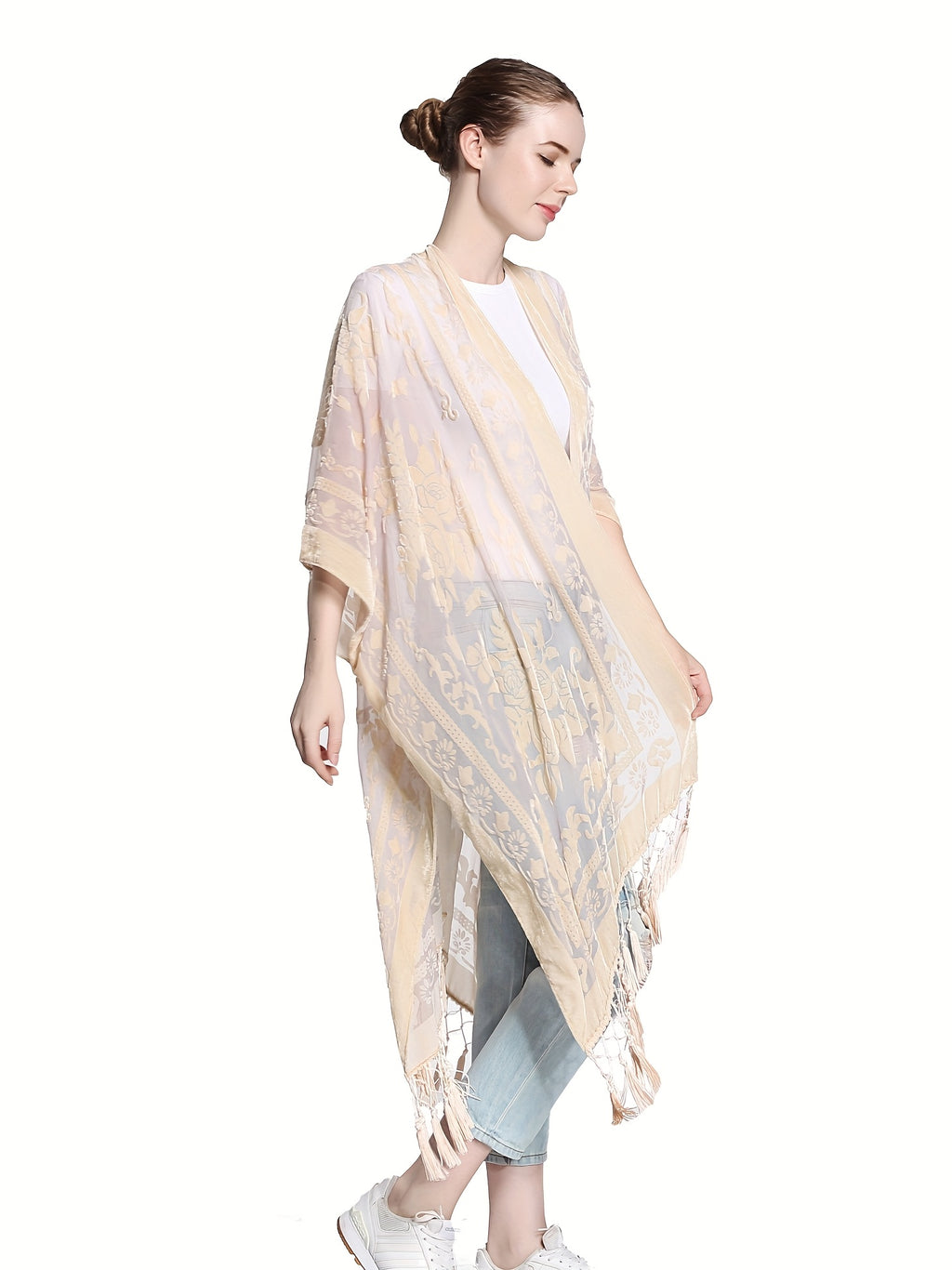 Boho Burnout Velvet Kimono Women Long Cardigan Cover Up Tassel Floral Embroidered One Size