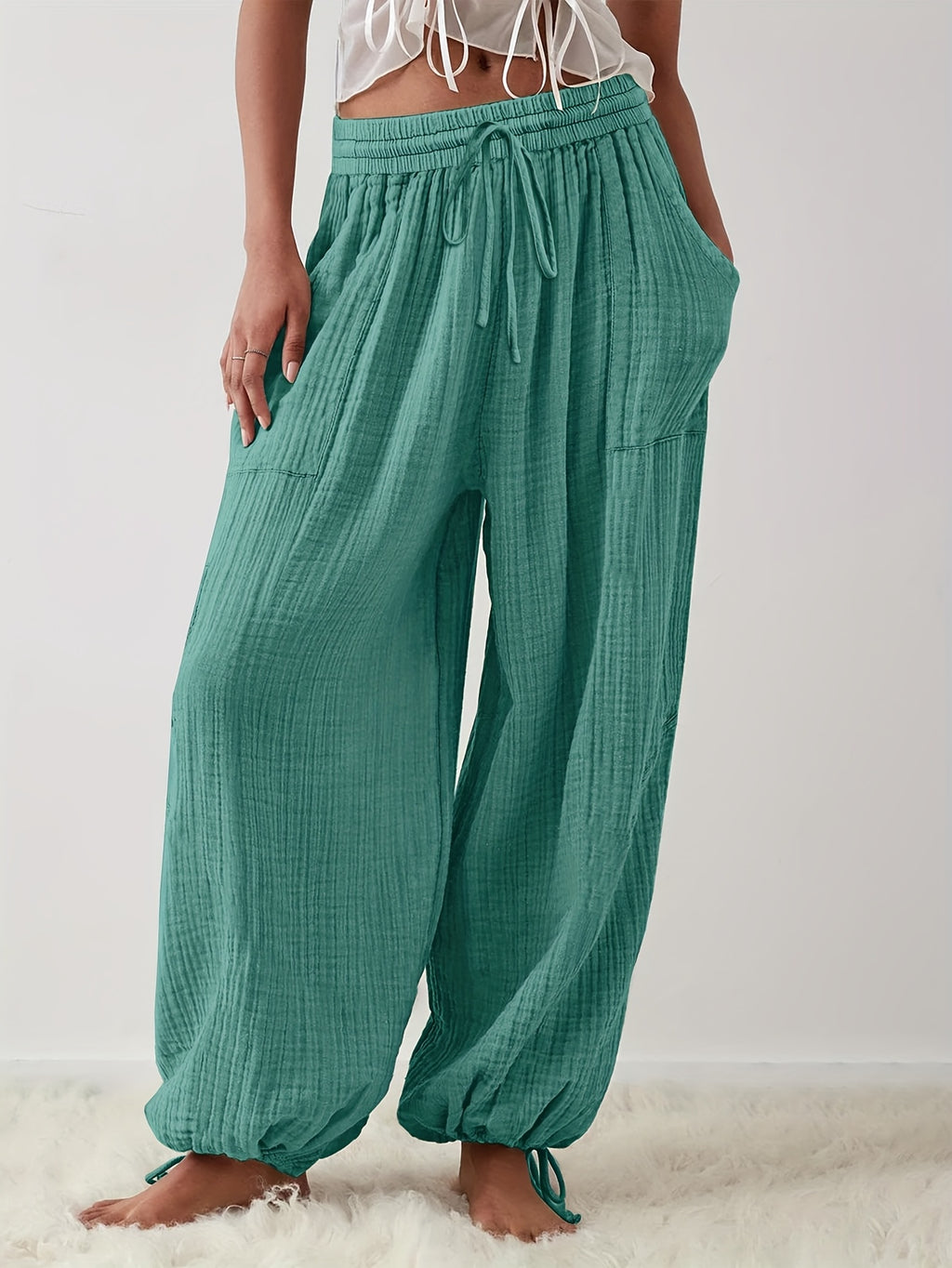 Wide Leg Pants Women Drawstring Loose Fit Casual Cropped Trousers Khaki Pockets Everyday Commute S-XXL