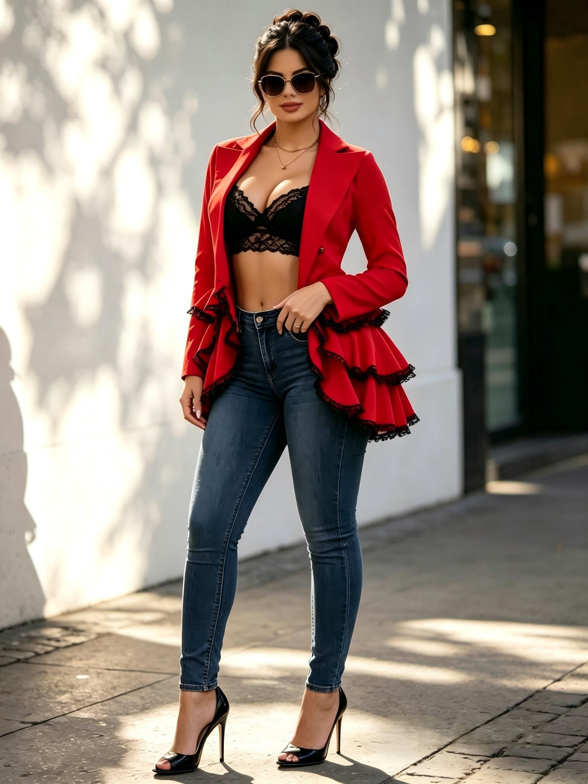 Women's Vintage Gothic Double-Breasted Blazer Jacket Lace Ruffle Hem Corset Back Steampunk Statement Coat for Women Spring Fall