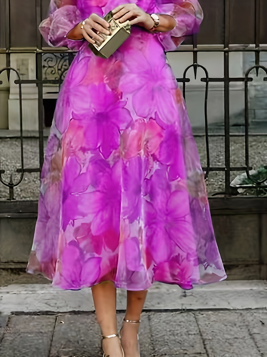 Floral Print Chiffon Maxi Dress Women Ombre Gradient Long Sleeve Back Zipper Flowy Wedding Guest Party Dress