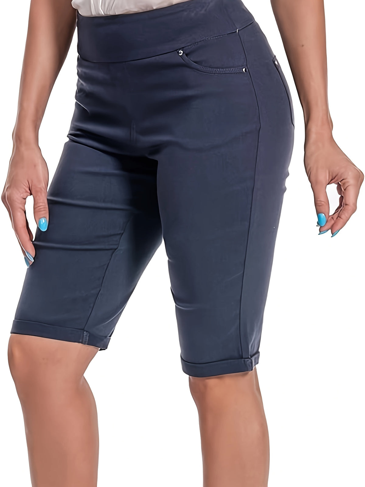 High Waist Bermuda Shorts Women Stretchy Pull On 5 Pockets Cuffed Hem Non See Through Machine Washable Office Casual All Season XS-XXL