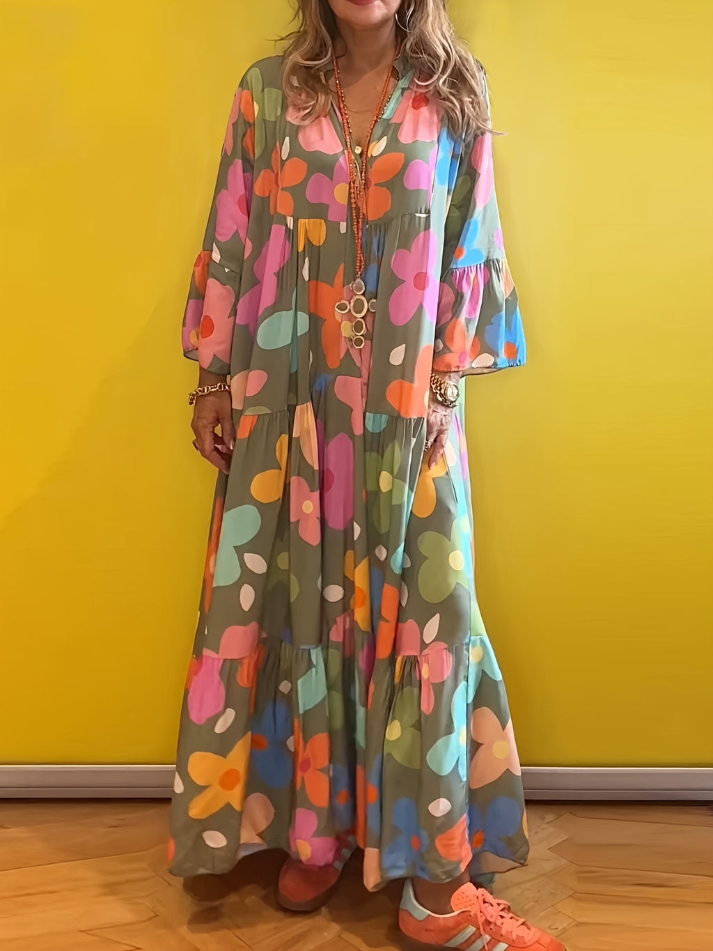 Floral Print Boho Maxi Dress Women V-Neck Layered Tiered Hem 3/4 Ruffle Sleeves Loose Fit Button Closure A-Line Long Dress Spring Summer S-XXL