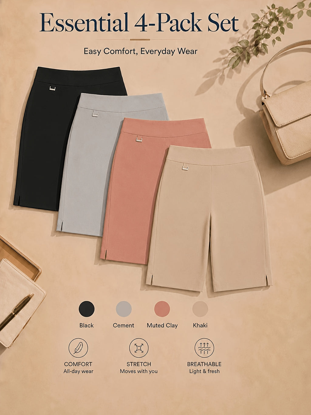 Women's Bermuda Shorts 4-Pack Pull-On Stretchy Breathable Knee Length Work Shorts with Side Slit Hem Skin-Friendly Multi-Color Set