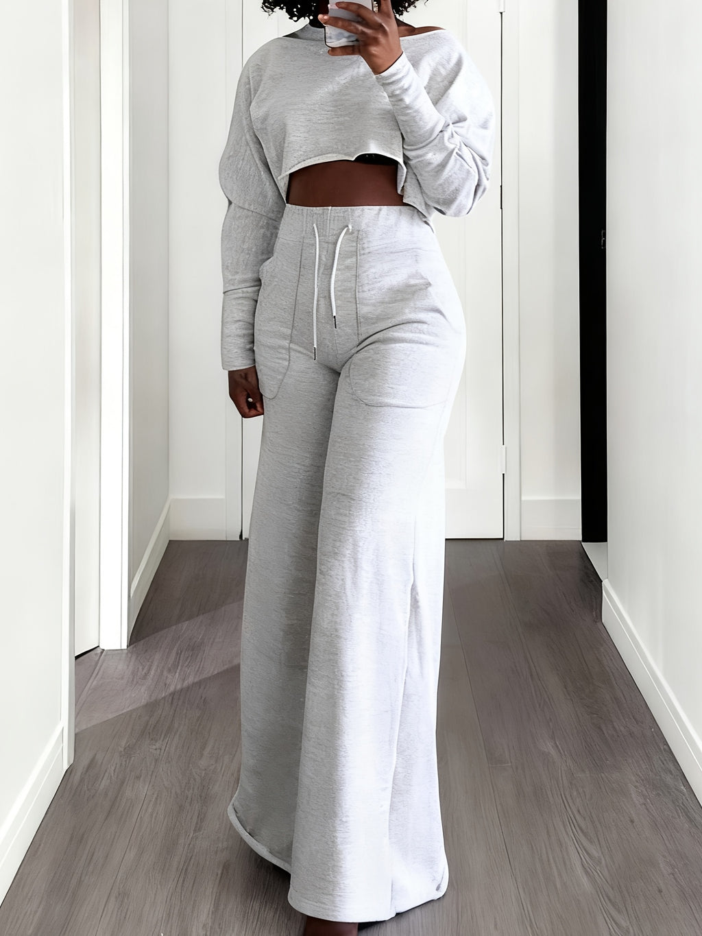 2pcs Lounge Set Women Cropped T-Shirt High Waist Sweatpants Drawstring Straight Leg Cozy Casual Fall Winter Matching Outfit