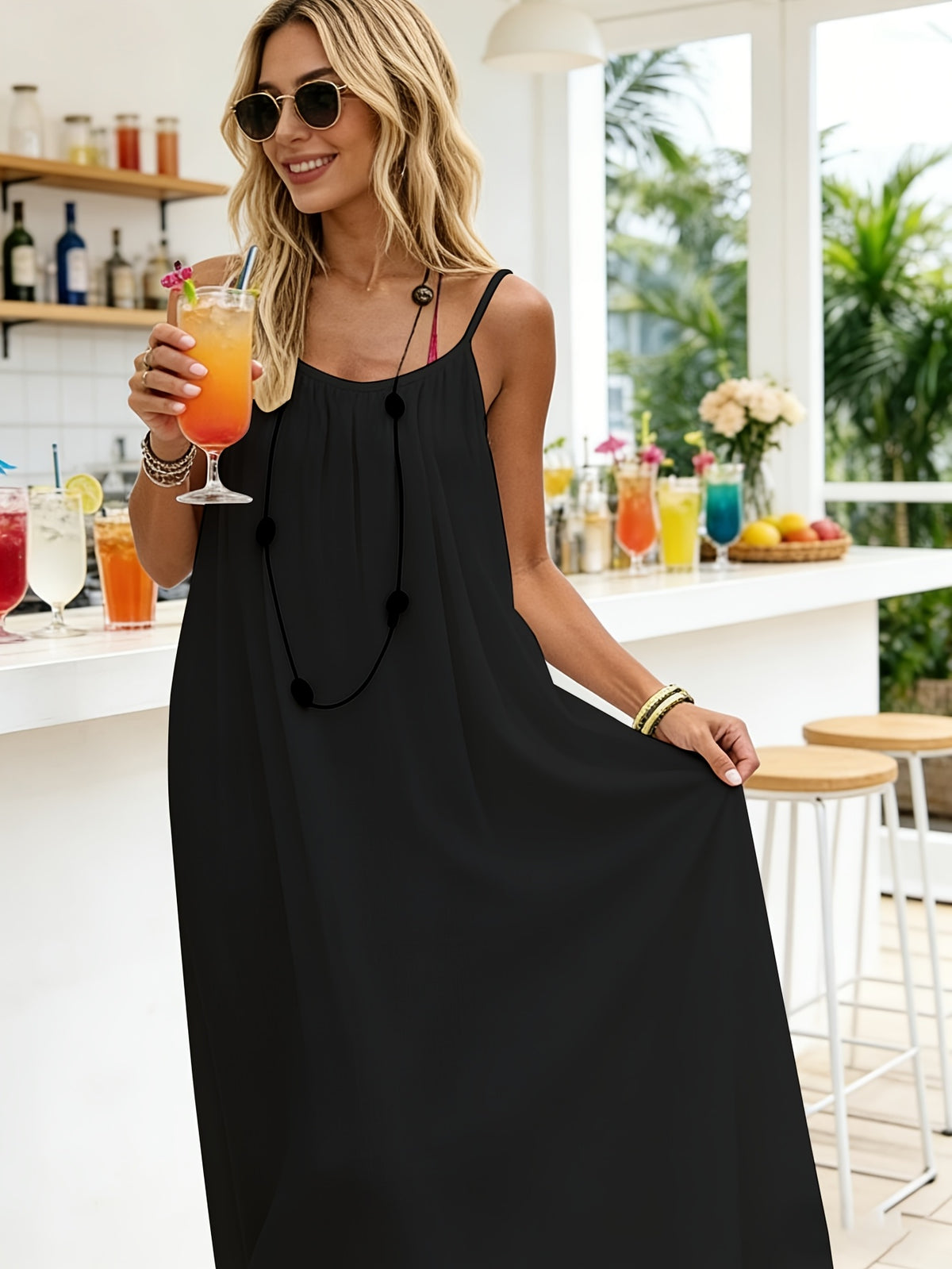 Maxi Slip Dress for Women Solid Color Open Back Tie Loose Casual Lightweight Sleeveless Long Dress Everyday