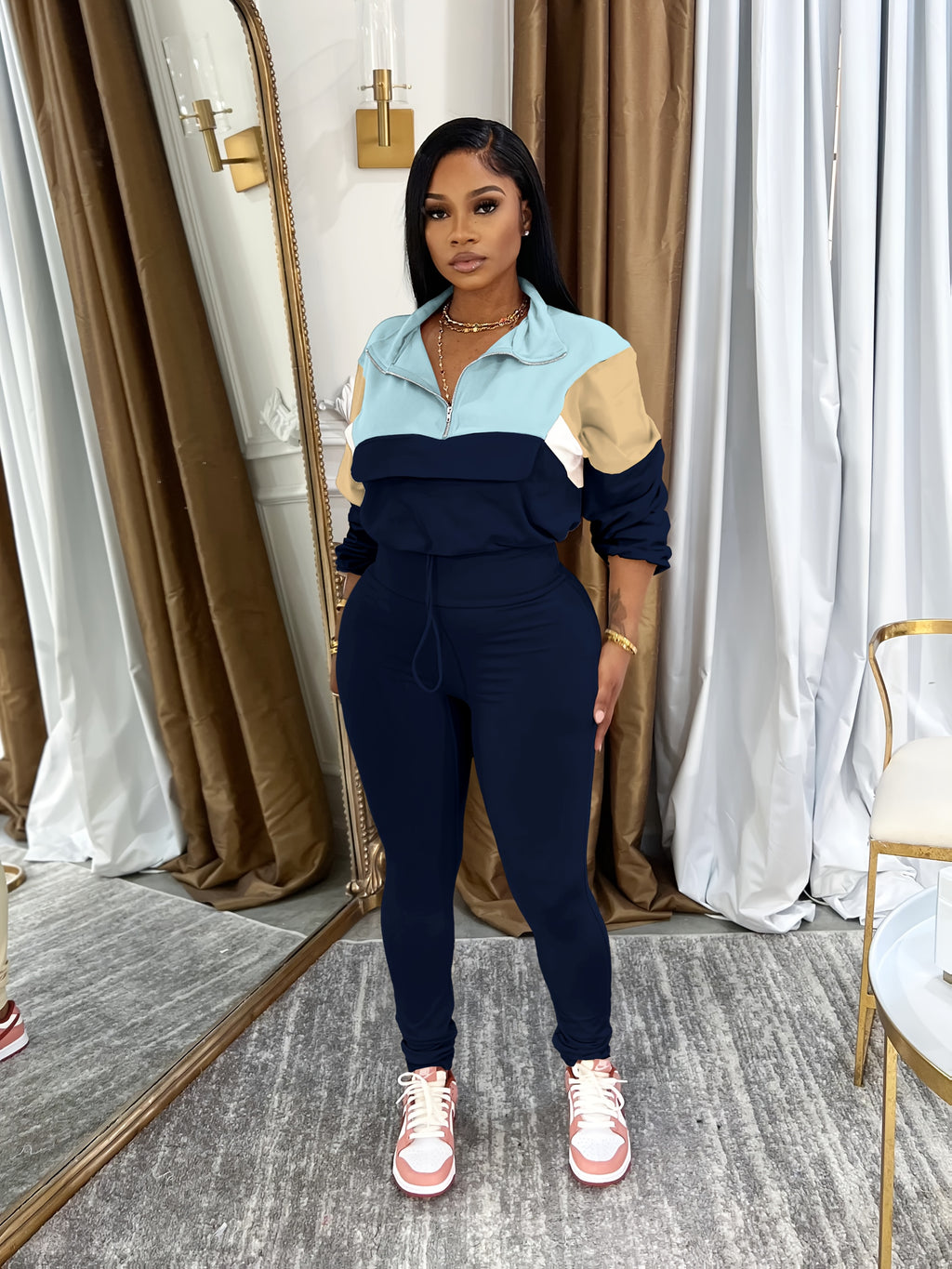 Lapel Crew Neck Sweatsuit Set for Women – Half-Zip Long Sleeve Sweatshirt & Sweatpants 2-Piece Casual Outfit, Solid Color Fall Winter Loungewear