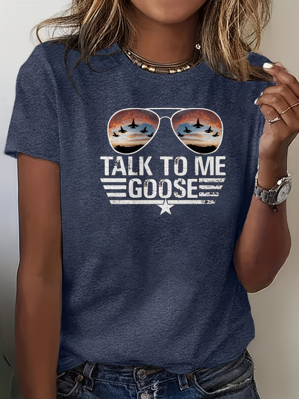 Talk To Me Goose Pilot Graphic T-Shirt Women Aviator Glasses Jets Print Crew Neck Short Sleeve Casual Tee Breathable Stretch Knit Spring Summer Vacation Top S-XXL