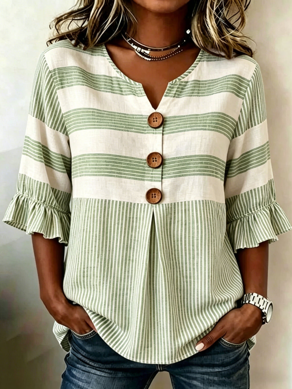 Striped V-Neck Blouse Women Ruffle 3/4 Sleeve Loose Fit Tunic Top Lightweight Linen Button Detail Summer Shirt S-2XL