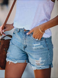 High Waist Distressed Denim Shorts Women Classic Raw Hem Rolled Cuff Washed Jean Shorts Casual Summer Deep Sky Blue
