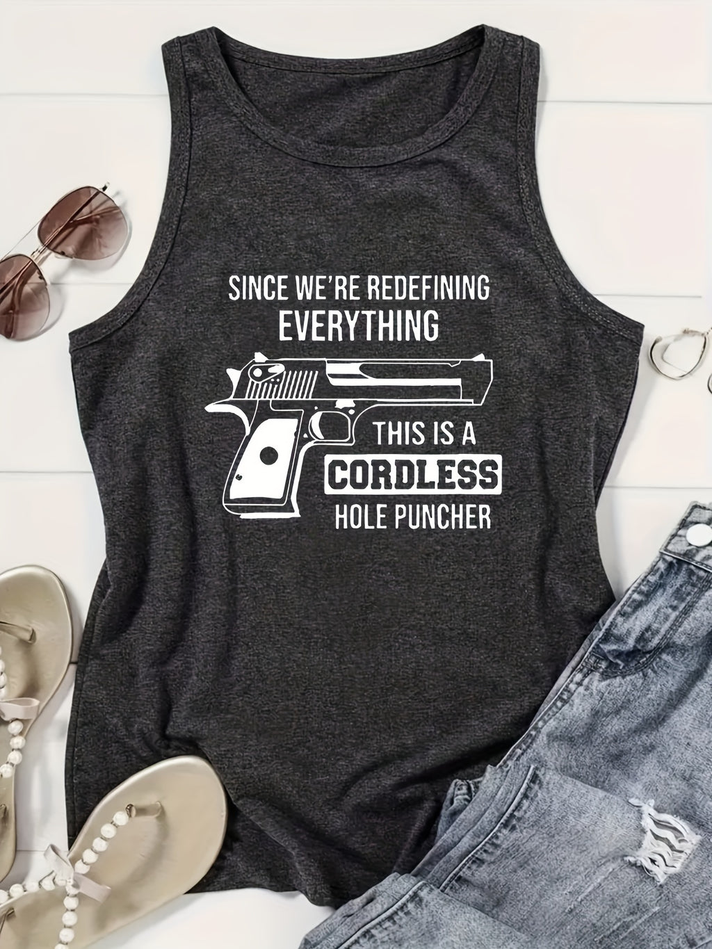 Letter Print Sleeveless Tank Top Women Crew Neck Casual Summer Blouse Medium Stretch Beachwear Layering Spring Fall Machine Wash
