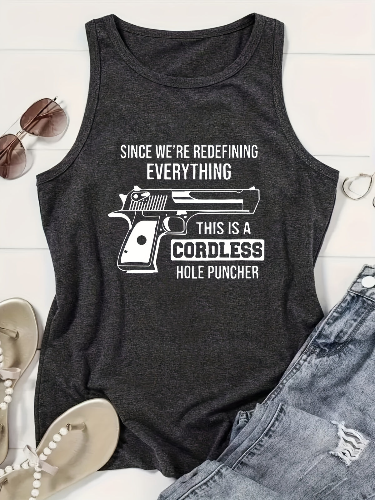 Letter Print Sleeveless Tank Top Women Crew Neck Casual Summer Blouse Medium Stretch Beachwear Layering Spring Fall Machine Wash