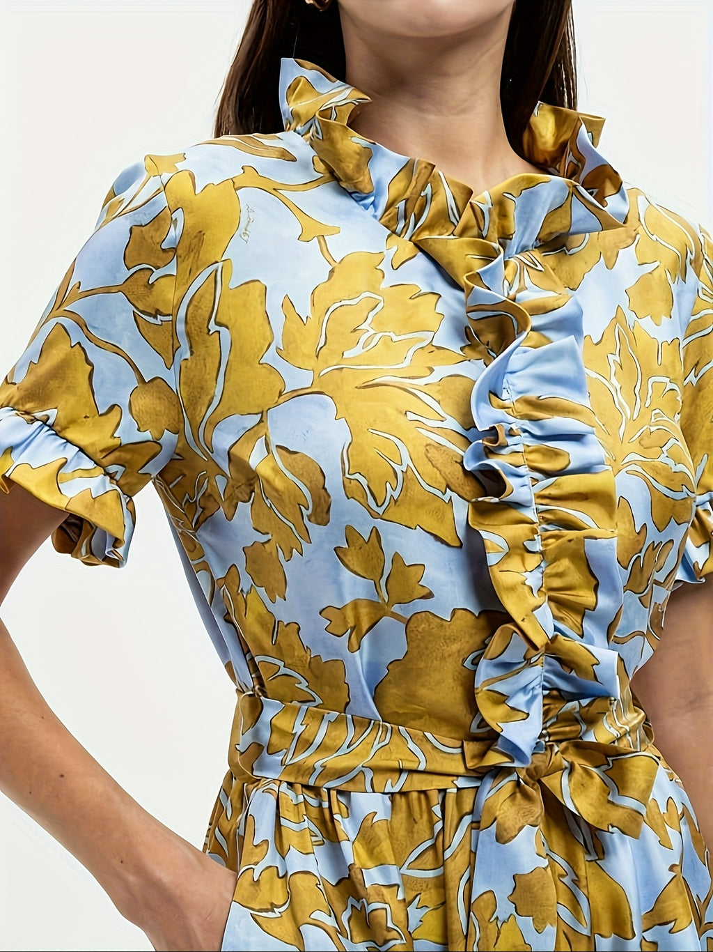 Floral Print Maxi Dress Women V-Neck Ruffle Chest Belted Waist Tiered Skirt with Pockets | Blue Yellow Short Sleeve Summer Dress