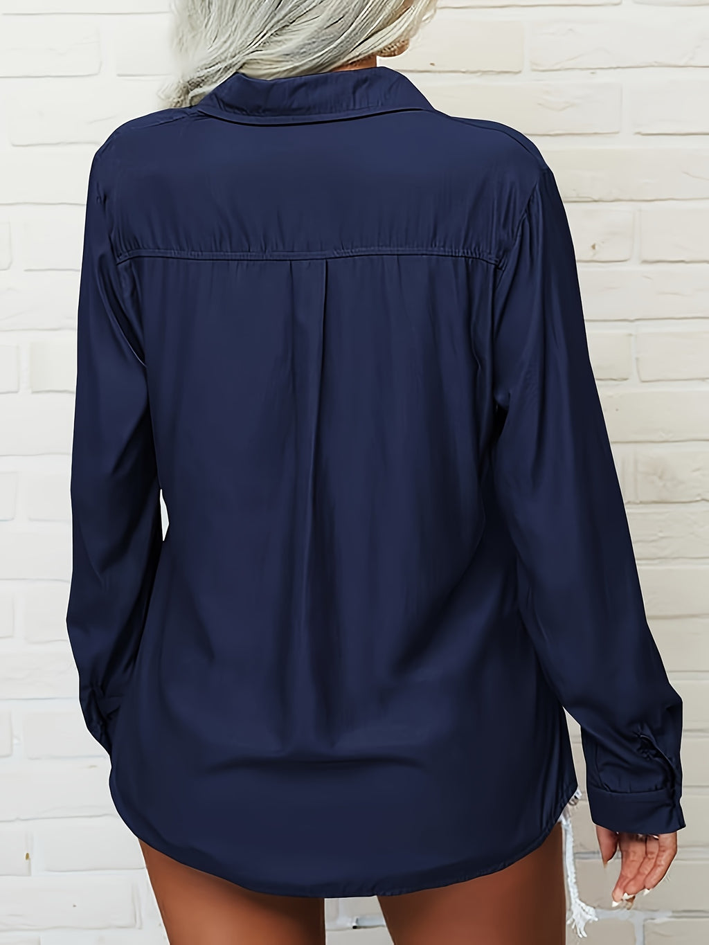 Women's V-Neck Button Down Blouse Slim Fit Lapel Collar Long Sleeve Work Shirt with Chest Pocket Roll-Up Cuffs