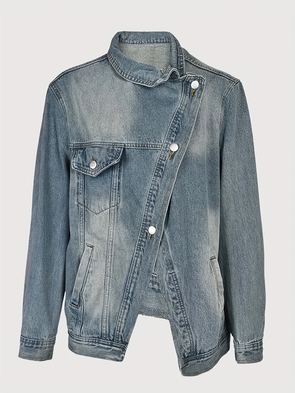 Loose Fit Jean Jacket Women Asymmetric Slant Placket Multi Pocket Vintage Blue Streetwear Long Sleeve Denim Coat Fall Winter