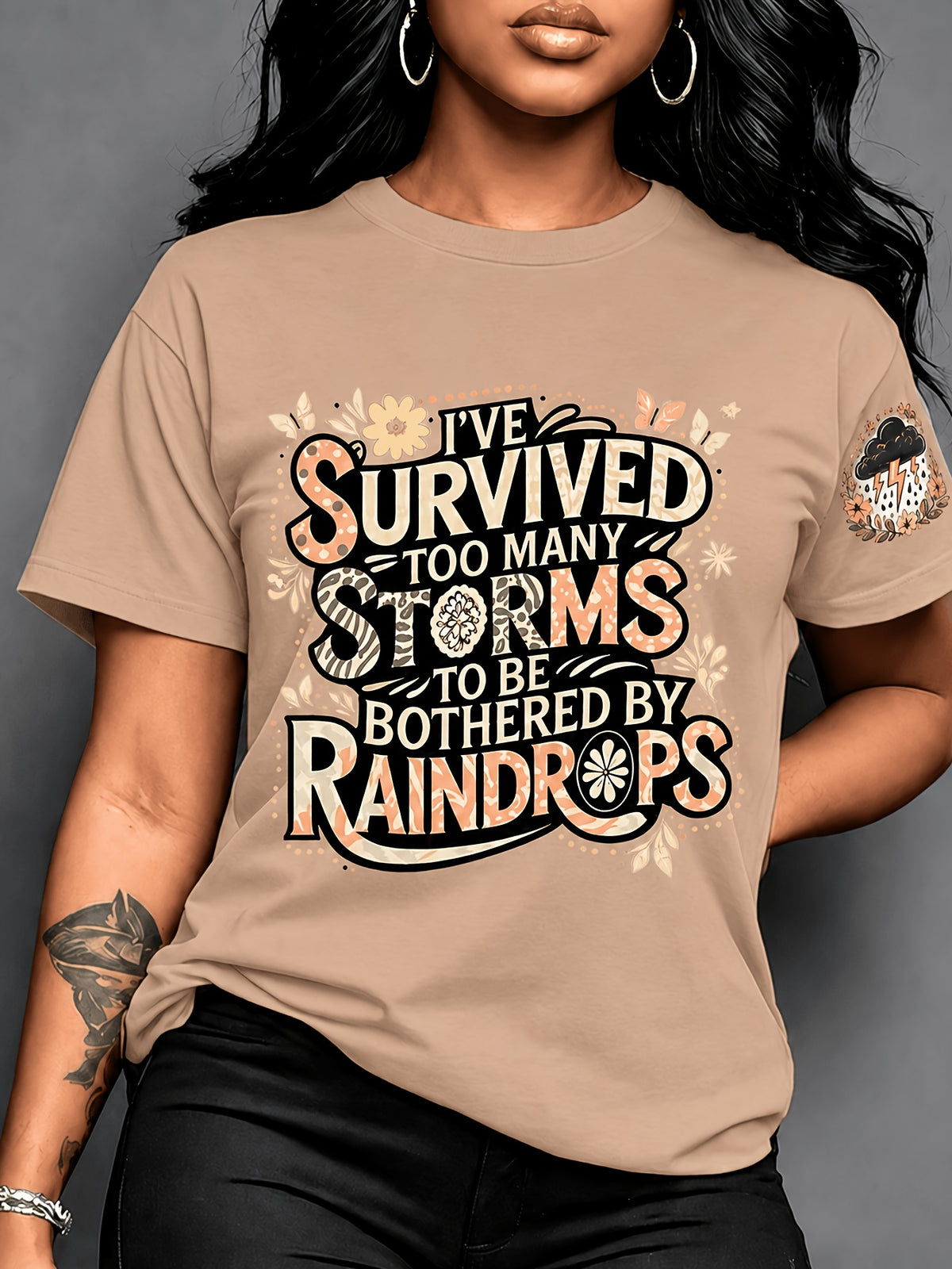 Women's Casual Graphic Crew Neck T-Shirt 'I've Survived Too Many Storms' Print | Maternity Clothes Ladies Top Opaque Fabric Seasonal Fashion
