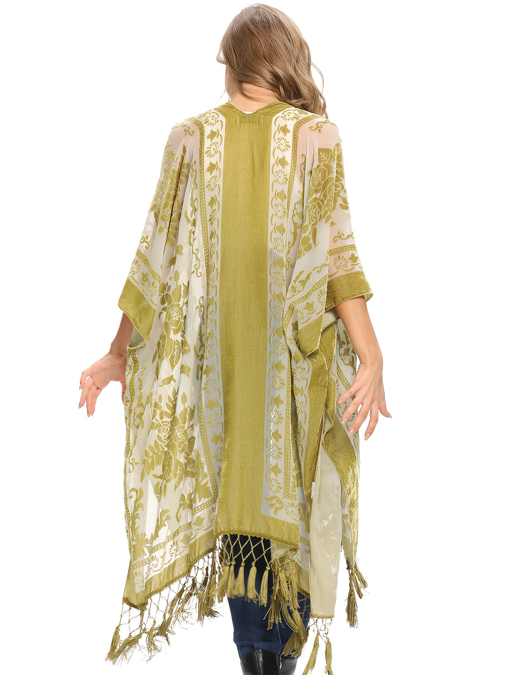 Boho Burnout Velvet Kimono Women Long Cardigan Cover Up Tassel Floral Embroidered One Size