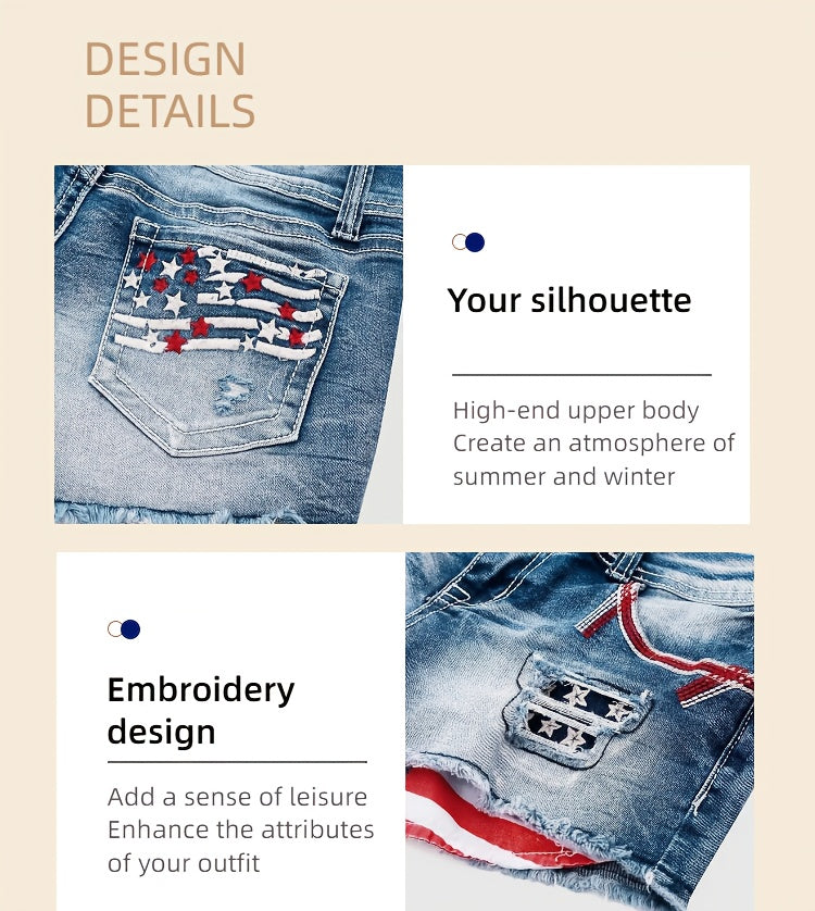 Stretch Denim Shorts for Women - Retro Color Block Embroidery Mid Rise Slim Fit, Built-In Zipper Machine Washable Cotton Blue Casual Jean Shorts for Spring Summer