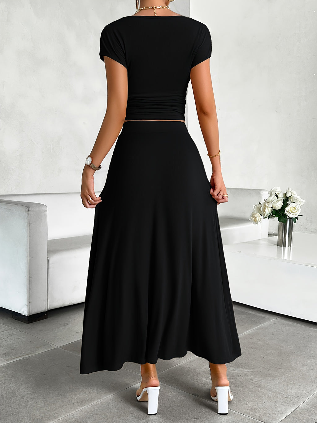 Women's 2pcs Lounge Set Crew Neck Short Sleeve Crop Top & Elastic Waist Maxi Skirt Soft Stretch Casual Summer Vacation Matching Outfit
