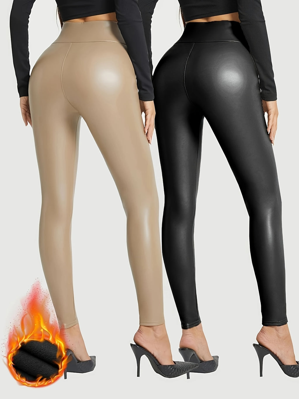Thermal Leggings 2 Pack Women Fleece Lined High Waist High Elasticity Black Cream Elegant Fall Winter Cold Weather S-XXL