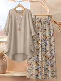 Women's Vintage Floral 2pcs Set Asymmetric Button Mid-Sleeve Top & Wide-Leg Pants Loose Casual Boho Autumn Winter Matching Outfit