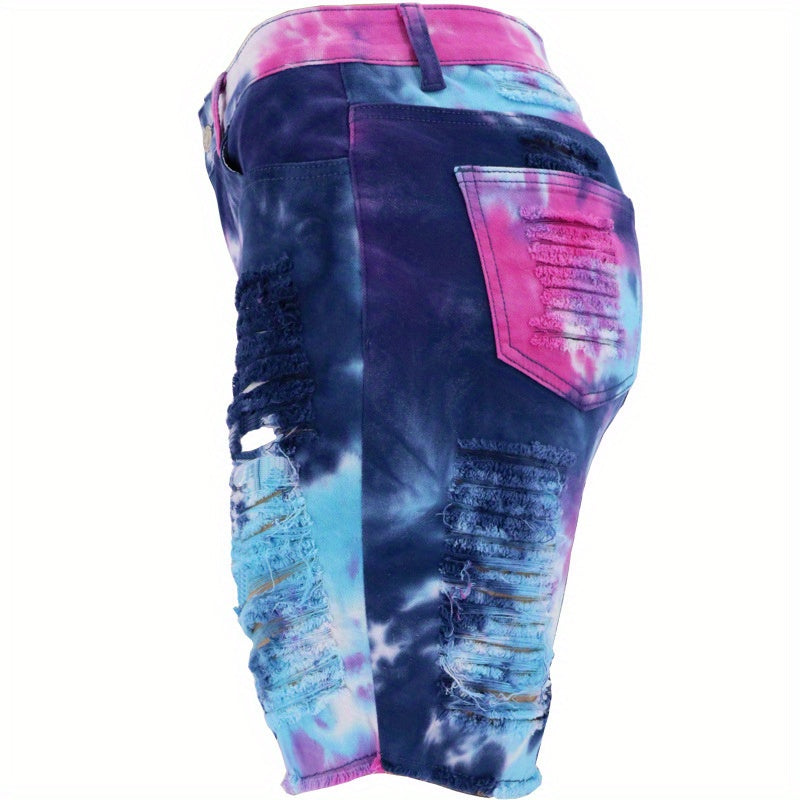 Ripped Denim Shorts Women Tie-Dye Distressed High Waist Mid Length Summer Edgy Trendy Jean Shorts Blue Pink Casual Streetwear Going Out