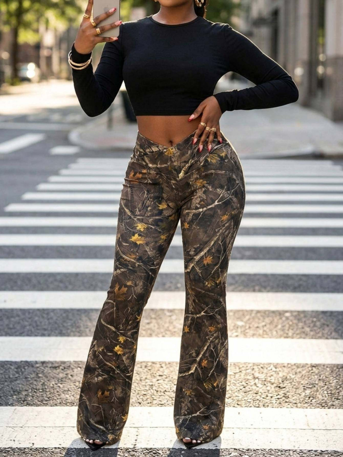 Slim Fit Flared Bell Bottom Pants Women Branch Print Wide Leg Trousers Casual Multicolor S-XL