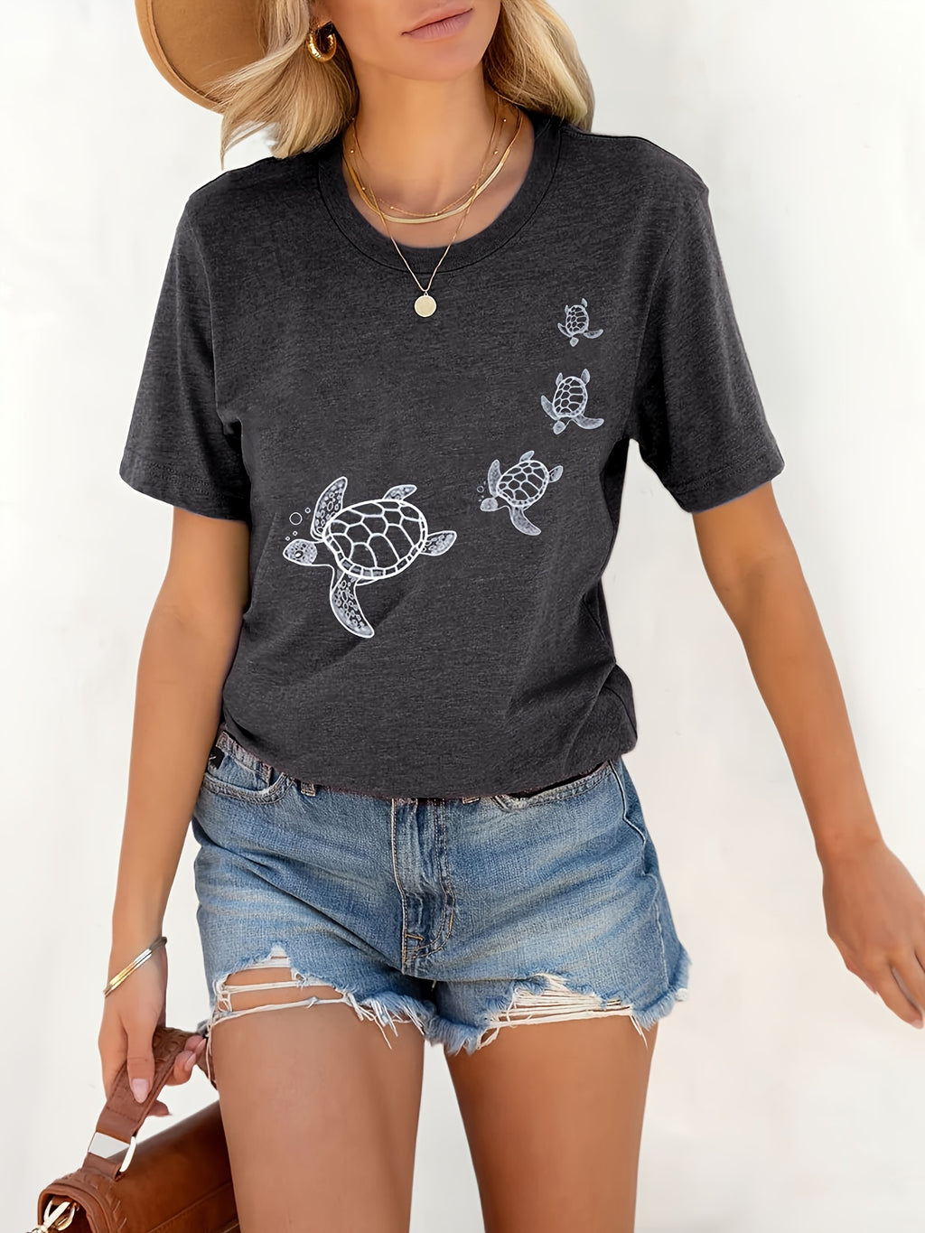 Women's Turtle Print T-Shirt Short Sleeve Round Neck Casual Daily Wear Top Black White Gray S-XXL