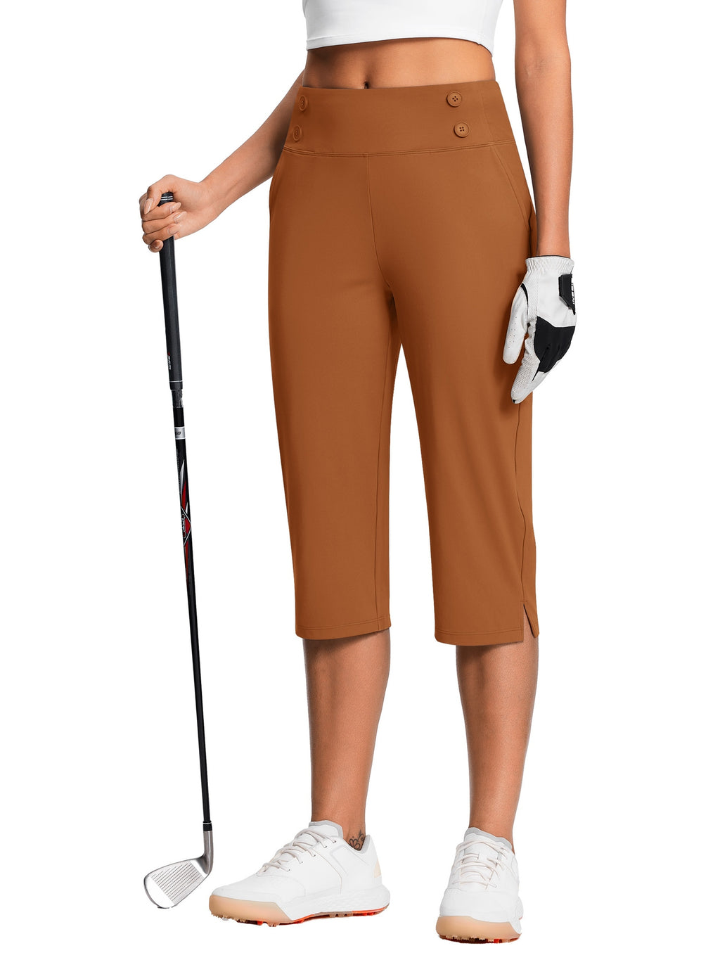 Dressy Stretch Capri Pants for Women High Waist – 18 Inch 82% Polyester 18% Spandex Knit, Elastic Waist Pockets Solid Color Work Casual Summer Spring Fall Comfortable Bottoms S-XXL