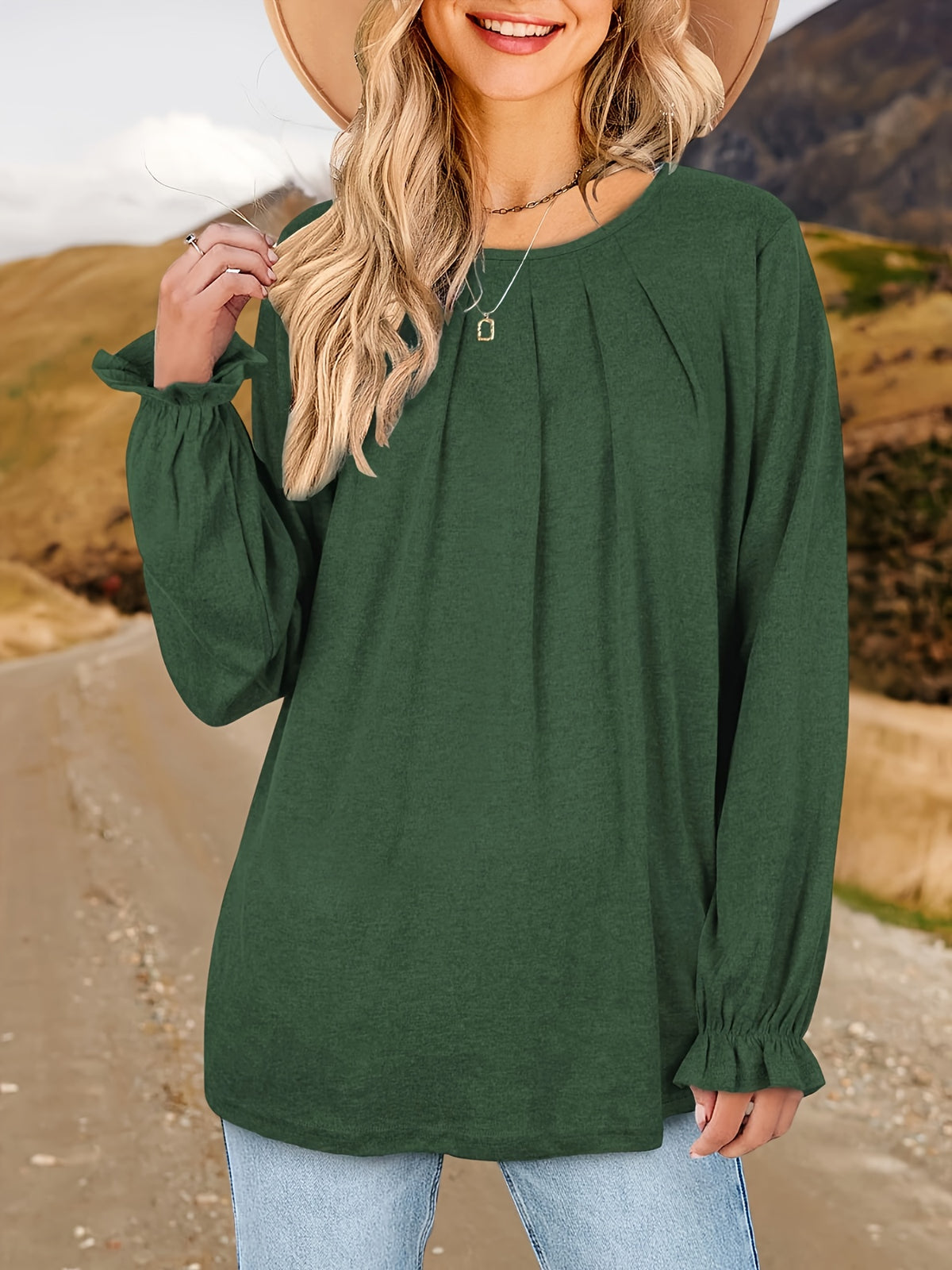 Pleated Ruffle Blouse Women's Long Sleeve Loose Fitting Tunic Top Crew Neck Solid Color Shirt S-XXL | Mira Roam