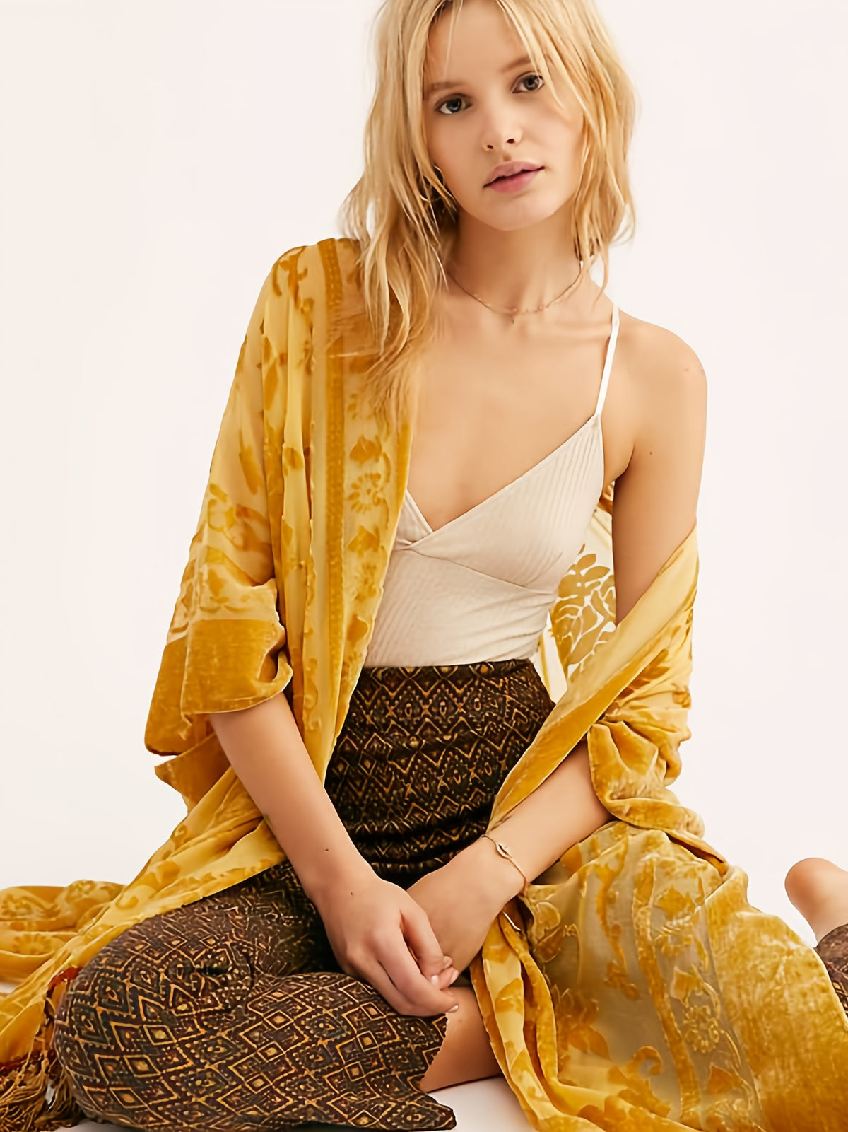 Boho Burnout Velvet Kimono Women Long Cardigan Cover Up Tassel Floral Embroidered One Size