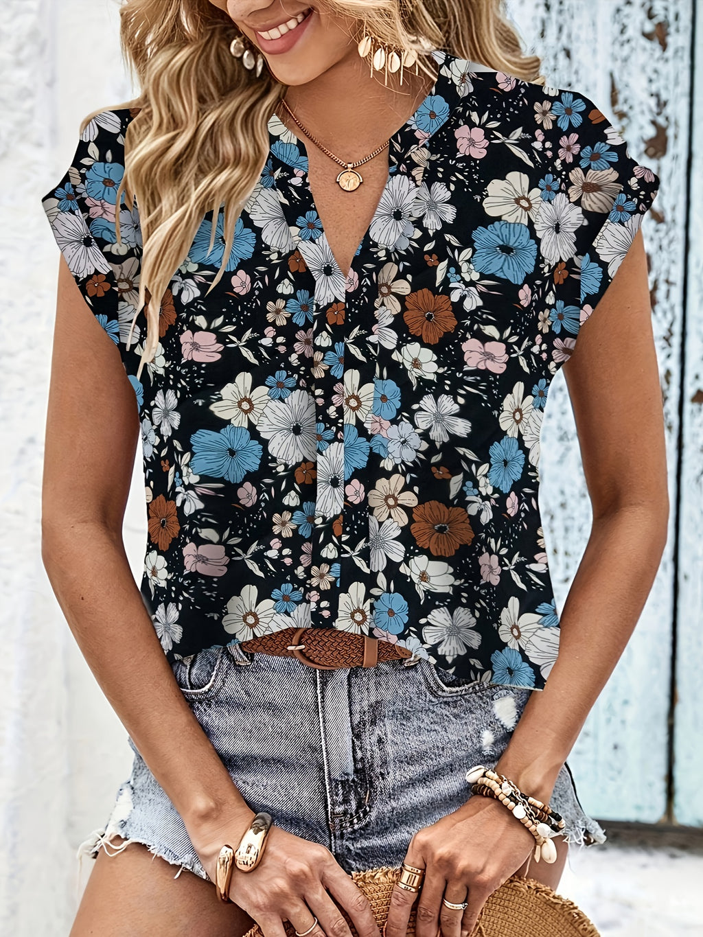 Vintage Floral Print Blouse Women V-Neck Notched Stand Collar Short Sleeve Ruffle Detail Textured Breathable Machine Washable Summer Casual Shirt