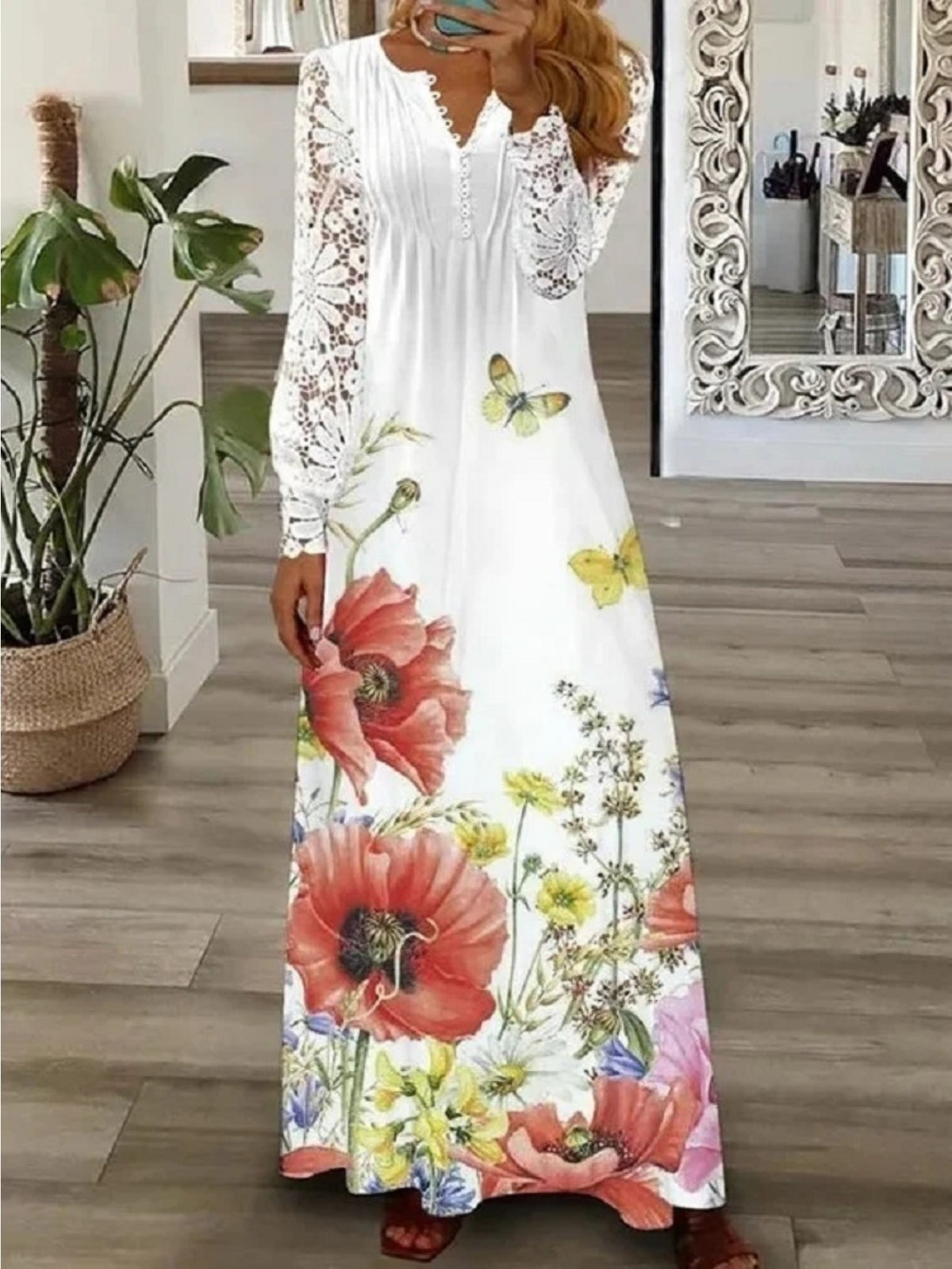 Women's Bohemian White Lace Long Dress V-Neck Long Sleeve High Waist A-Line Flowing Hem Romantic Date Beach Dress