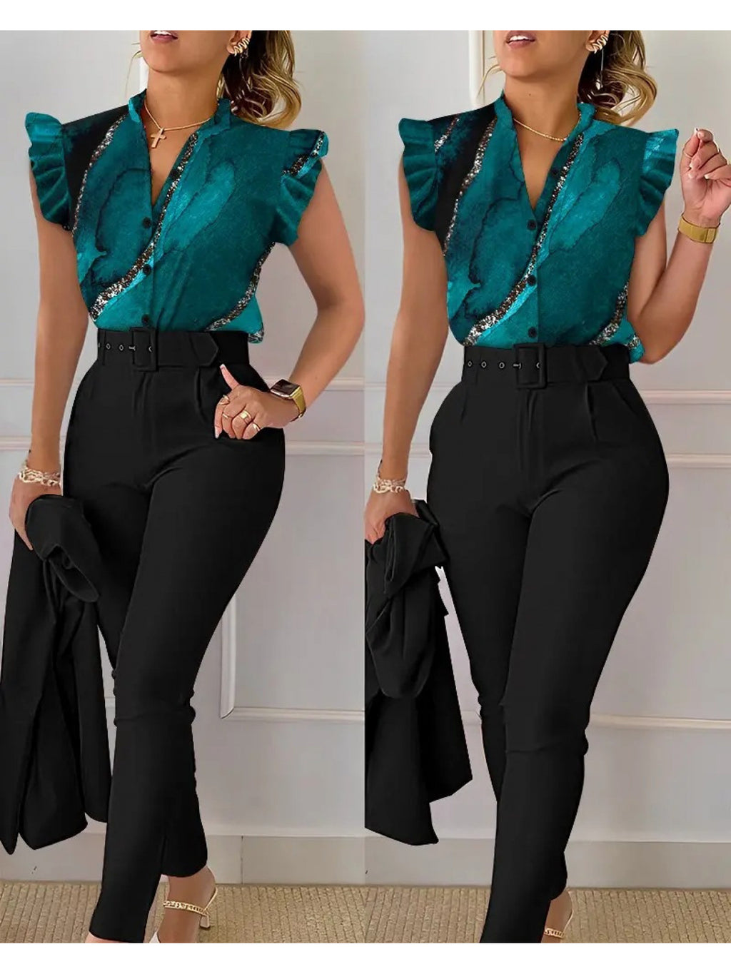 Printed Lotus Leaf Ruffle Sleeve Top Pants 2 Piece Set Women Belt Leopard Camo Print Spring Summer Outfit S-XXL