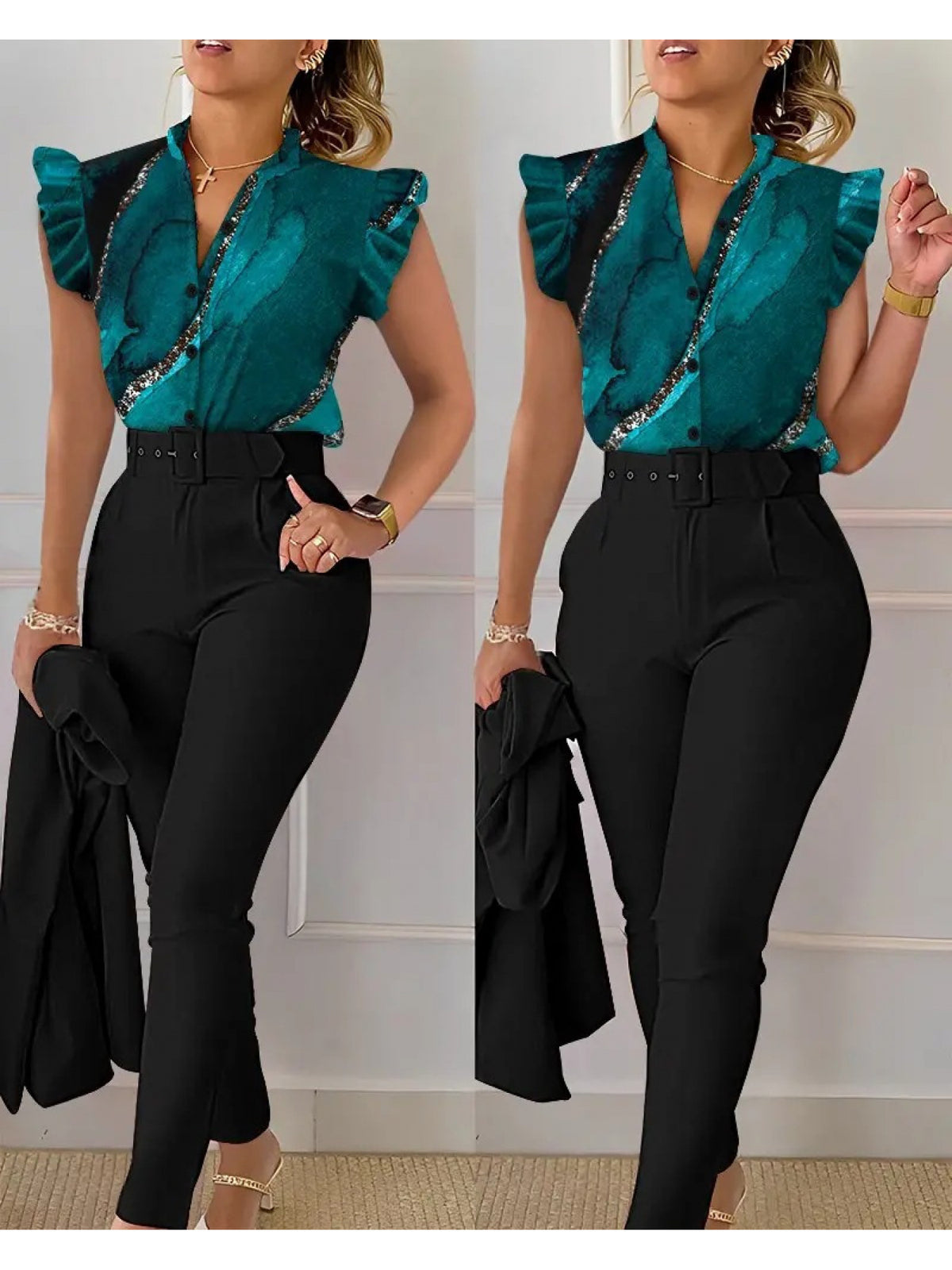 Printed Lotus Leaf Ruffle Sleeve Top Pants 2 Piece Set Women Belt Leopard Camo Print Spring Summer Outfit S-XXL