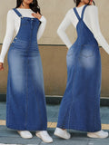 Women's Denim Maxi Dress Loose Fit Detachable Strap Button Closure Casual Chic Long Dress Spring Summer Fall